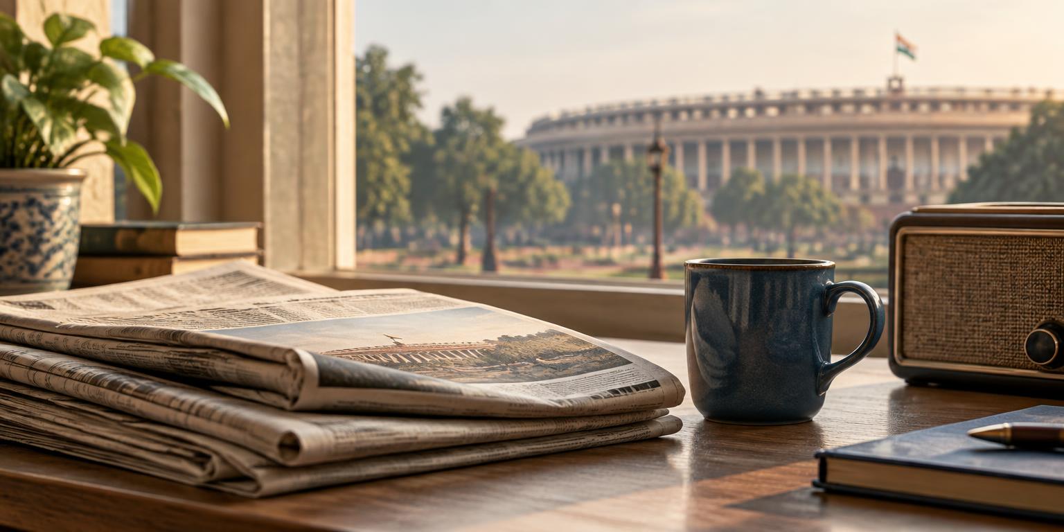 Newspapers and a blue cup beside a window overlooking India's Parliament